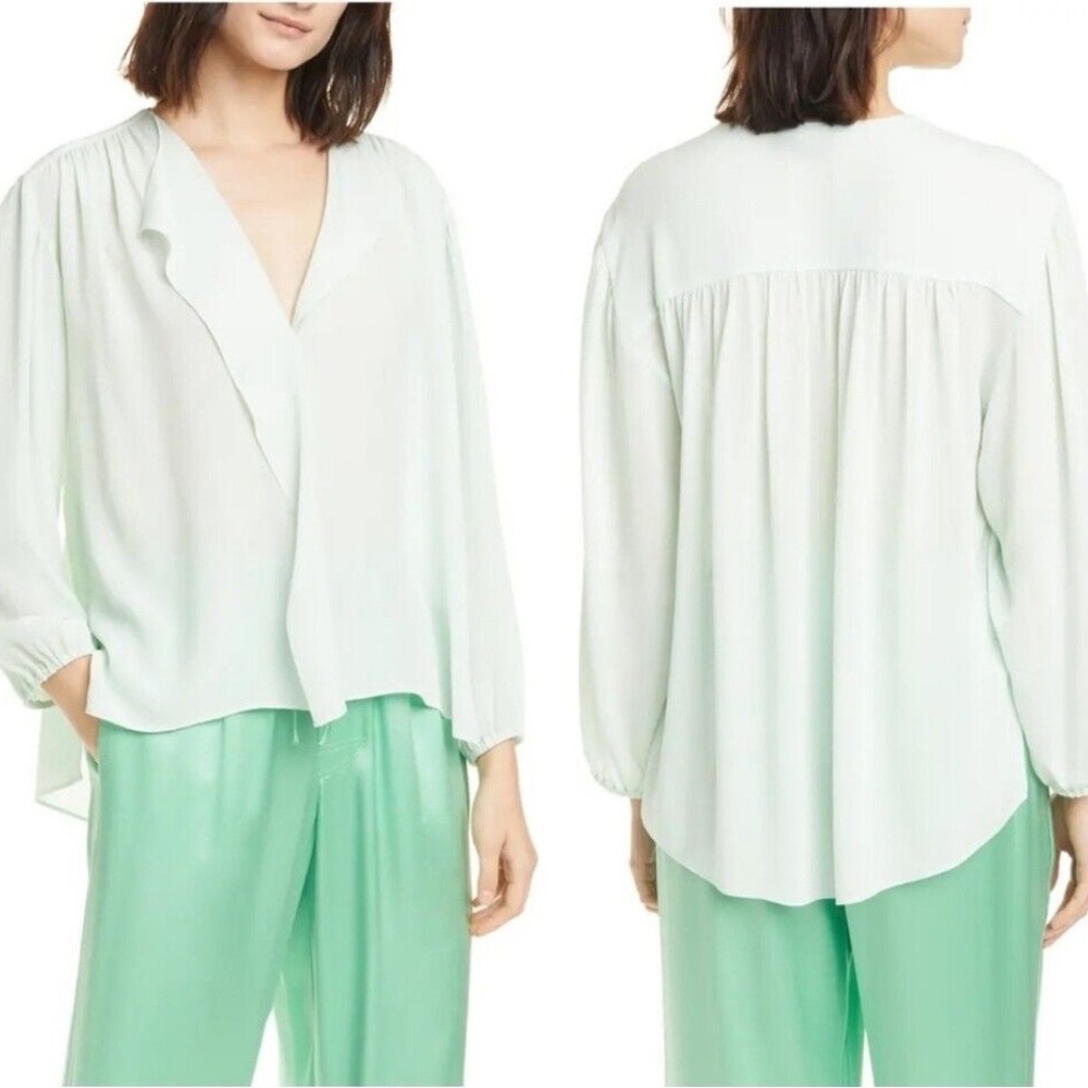 VINCE Shirred Long Sleeve Silk Blouse Color Sea Foam Top Size XS
